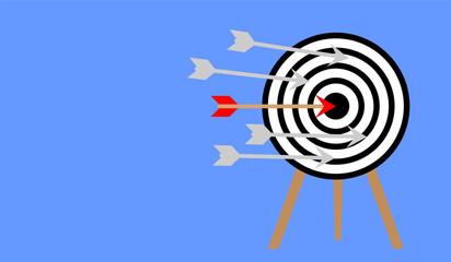 Target and arrows with copyspace, achievement goals, business success concept. The red arrow hit the target, and the gray arrows missed the target,  perfect for goal settings. personal growth stories.