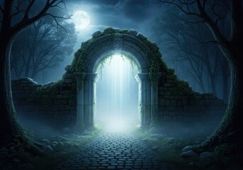 Mysterious stone gate with moonlight in a dark forest, creating a magical and enchanting atmosphere at night
