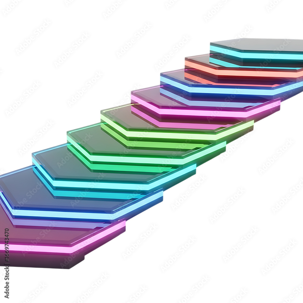 Aufkleber modern hexagonal stairs with vibrant neon led lights ascending in a diagonal sequence isolated on tr