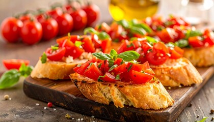 Fresh bruschetta with tomatoes, basil, and olive oil.