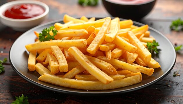 Plate of crispy french fries with ketchup 
