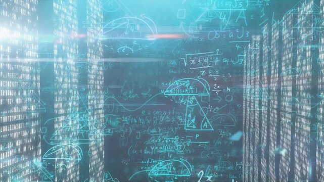 Camera gliding through binary tunnel, math holograms appearing and shifting for data visualization