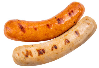Two types of sausages, smoked and barbecue, served and isolated on white background with clipping path, perfect for food menu and cooking design PNG file.