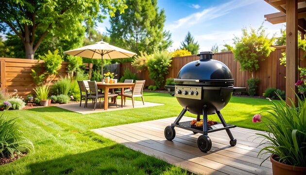 A sunny backyard patio scene featuring a black grill on a wooden deck, surrounded by lush green grass and decorative landscaping.