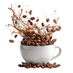 Coffee splash in white cup brown beans png
