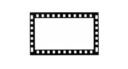 Sleek black film frame, white sprocket holes, empty white center, on transparent studio background, copy space, flat lay, top-down, high-key lighting, concept of a blank canvas