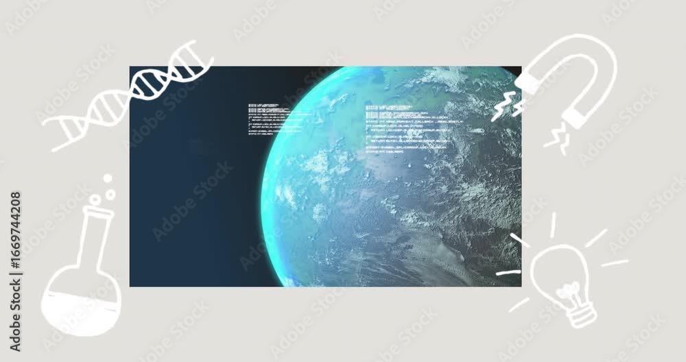 Poster digital earth appearing in space initiating icons fading and data sliding receding visualizing data