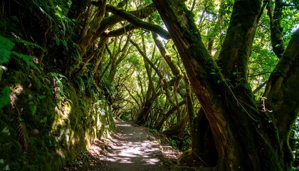 Obraz premium Sunlight filters through a lush, moss-covered forest trail, illuminating the path and ancient trees.