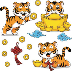 create need funny tiger cubs set vector illustration. prosperity oriental lucky symbol in postcard, poster decoration isolated on white. Cartoon happy cute wild animals.