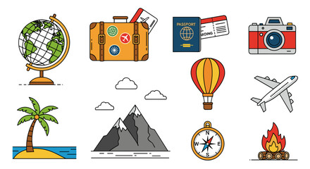 Illustration of travel themed icons including globe luggage and airplane
