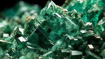 Vivid emerald green crystal mineral close up, natural gemstone macro texture with sharp edges and sparkling surface
