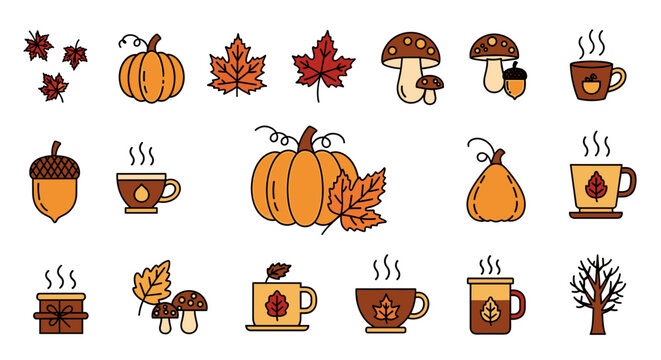 Illustration of autumn themed objects including pumpkins leaves and mugs
