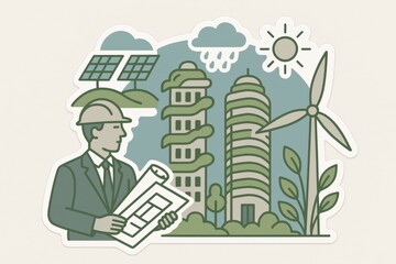 Architect analyzing blueprints for sustainable urban buildings equipped with renewable energy sources including solar panels wind turbines and green plants suggesting eco-friendly architecture