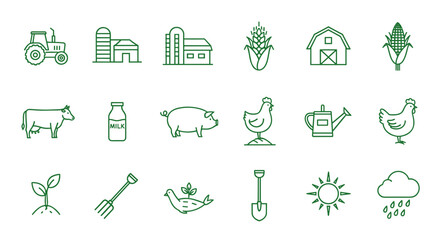Illustration showing various agriculture and farming related line icons