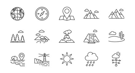 Outline icons depicting various geographical features and weather elements