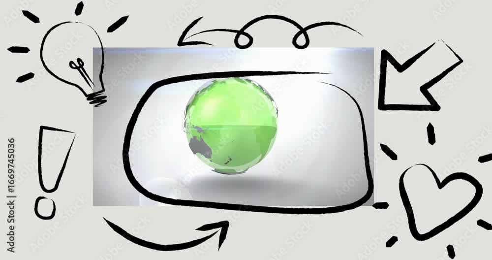 Poster grey sphere turning green rotating globe showing world while sketch icons flickering for creativity