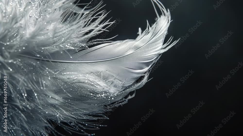 Poster a close-up view of a single feather on a dark background, suitable for use in design or photography 