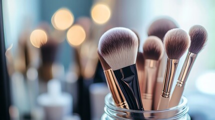 Set of clean makeup brushes in a jar on vanity