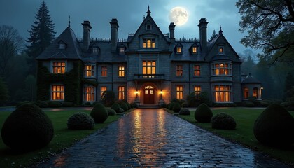 Majestic mansion front view at night, illuminated windows suggest occupancy. Stone facade, ivy-covered walls, winding pathway leading to entrance. Towering trees frame scene under cloudy sky with