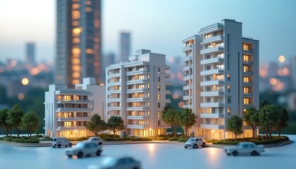 Fototapeta premium Modern apartment models with glowing windows stand against distant city skyline. Real estate charts, data visualizations suggest growth, investment in urban development. Miniature cars parked nearby.