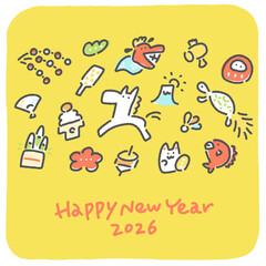 白馬と正月の縁起物の手描きのかわいい和風年賀状　2026・正方形・SNS用・Instagram・LINE