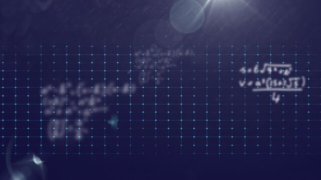 Frame one starting neon-blue waveform pulsing on grid with fading formulas visualizing data