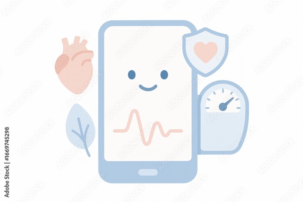 Aufkleber digital heart monitoring concept featuring smartphone screen displaying cheerful emoticon pulse rate
