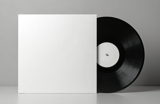 Minimalist studio photo features blank white record cover next to black vinyl LP. Clean presentation offers versatile template for music, audio, design projects. Ideal for album art, branding,