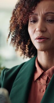 Business woman, stress and phone for typing in office with bankrupt notification, fail or mistake. Confused employee, technology and panic for declined payment, phishing or hacked account or scam