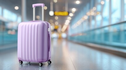 Modern purple suitcase standing in airport terminal, symbolizing travel, journeys, Christmas of excitement experiences new