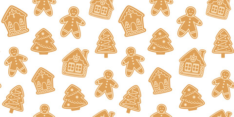 Gingerbread cookies seamless pattern. Christmas gingerbread man, house, Christmas tree. Traditional xmas biscuits. Homemade sweets.Festive holidays. Vector background, wallpaper, wrapping paper.