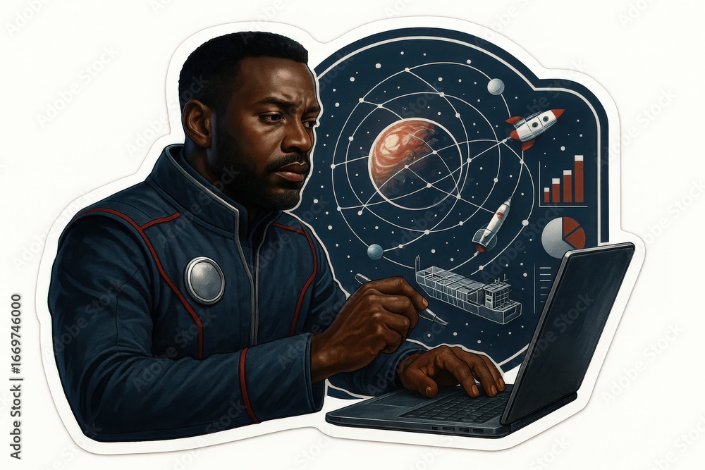 Poster a focused astronaut engages with innovative technology while exploring cosmic data within a surreal 