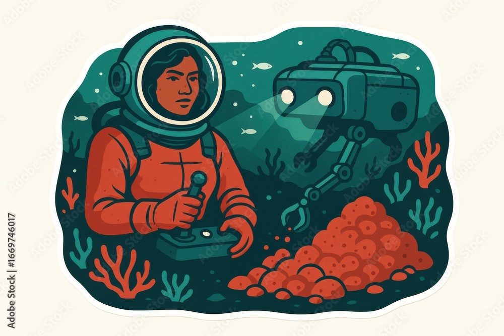 Aufkleber exploring underwater realms with an astronaut and robotic assistant revealing mysteries of marine ec