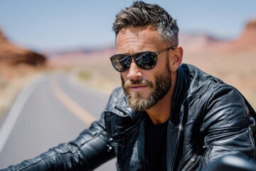 Fototapeta premium Man riding motorcycle through desert landscape on sunny day with clear sky