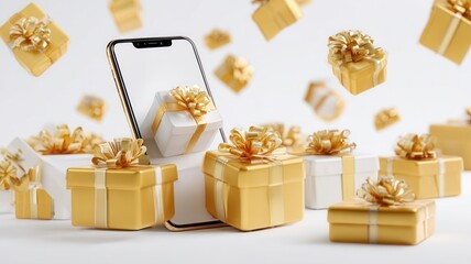 Gift boxes with Christmas golden ribbons floating over a smartphone, representing online and shopping, gifts, Winter delivery