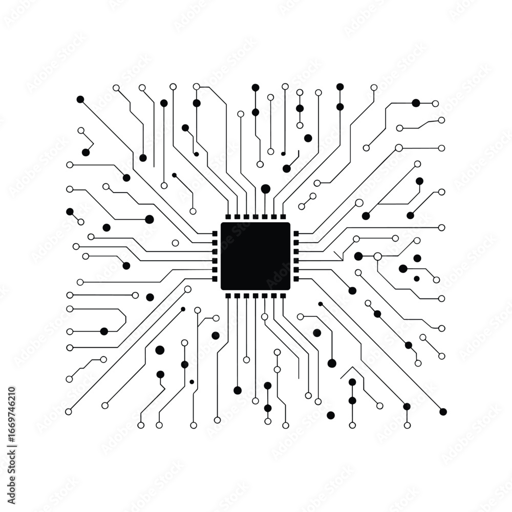 Poster detailed black and white microchip circuit board design with central processor and connections