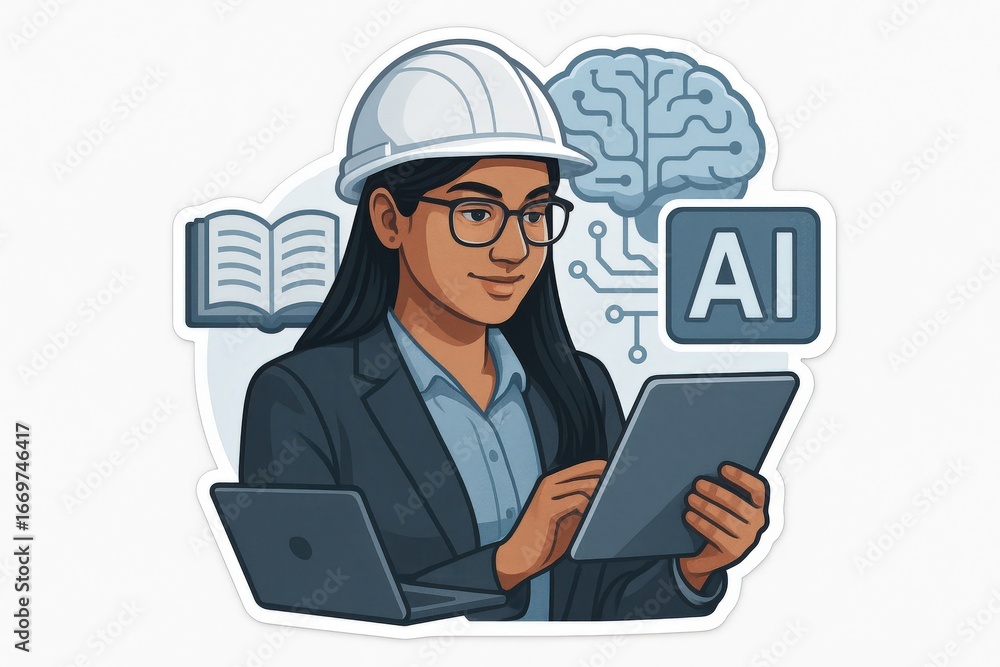 Poster confident female engineer utilizing artificial intelligence technology while studying data analytics