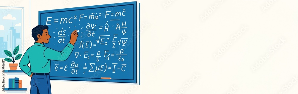 Poster man writing physics formulas on chalkboard in classroom with clean light background and copy space f