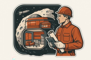 Innovative Space Engineer Evaluating an Advanced Lunar Habitat Concept with Full Confidence Under a Starry Cosmic Background Envisioning Futuristic Living Beyond Earth