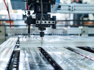 Close-up of a robotic arm precisely drilling a workpiece in a factory setting.