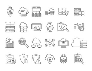 Big Data icon set collection style outline. Contain data encryption, cloud data save, data flow, data migration, data backuq, data base storage, 