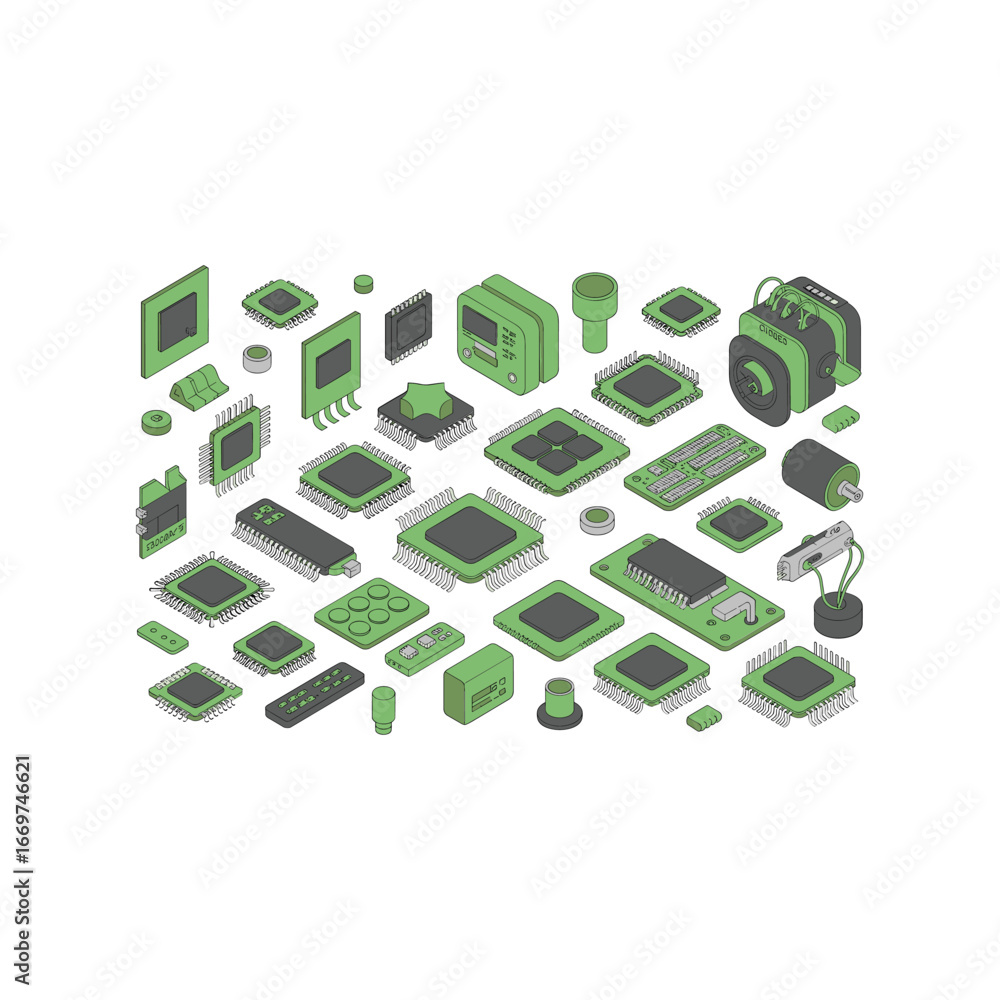 Poster collection of electronic components and microchips displayed in a 3d isometric perspective