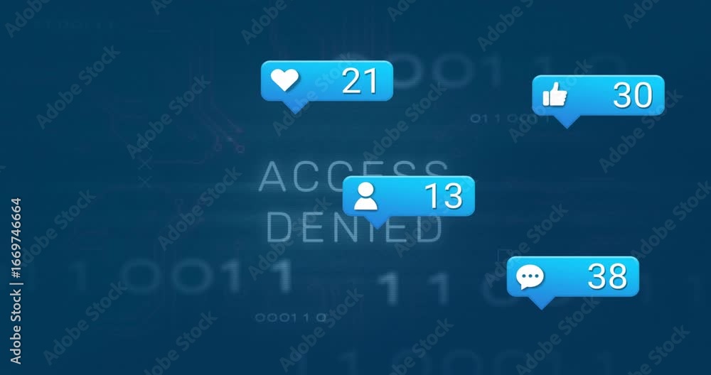 Poster starting acces fading, sharpening access denied, drifting bubbles showing notification count growth