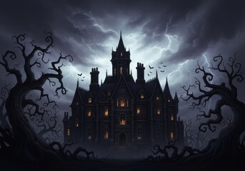 A spooky haunted castle with dark clouds and lightning in the night sky for halloween