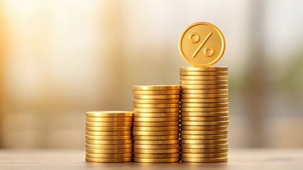 Plakat Stack of shiny golden coins with percentage symbol — illustrating interest growth and smart finance