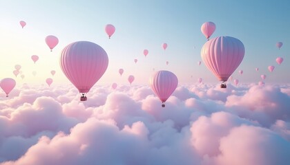 Fototapeta premium Pastel hot air balloons float serenely above sea of soft clouds under dreamy sky. Pink, purple, blue hues blend, creating fantasy-like atmosphere. Tranquil scene evokes feelings of adventure,