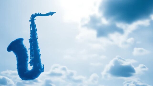 A blue saxophone shape made of clouds against a bright sky with scattered clouds around it