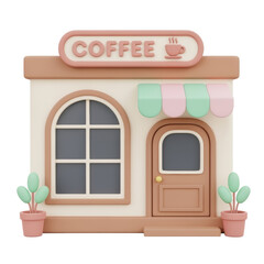 3D Coffee Shop Building Cute Cartoon Style Icon