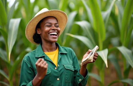 African female farmer in straw hat happily counts cash money in cornfield. She wears green shirt and yellow t-shirt. Her excitement shows successful agricultural business, profit, and good harvest. - Powered by Adobe