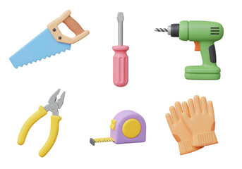 3D DIY Tools Icon Set with Saw, Drill, Screwdriver, Pliers and Gloves